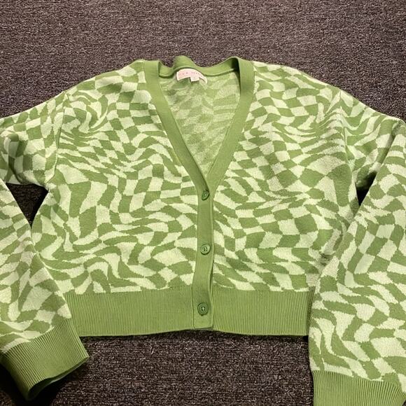 Pacsun LA Hearts Brand Green Cropped Checkered Print Cardigan Sweater Size Small - Picture 2 of 4